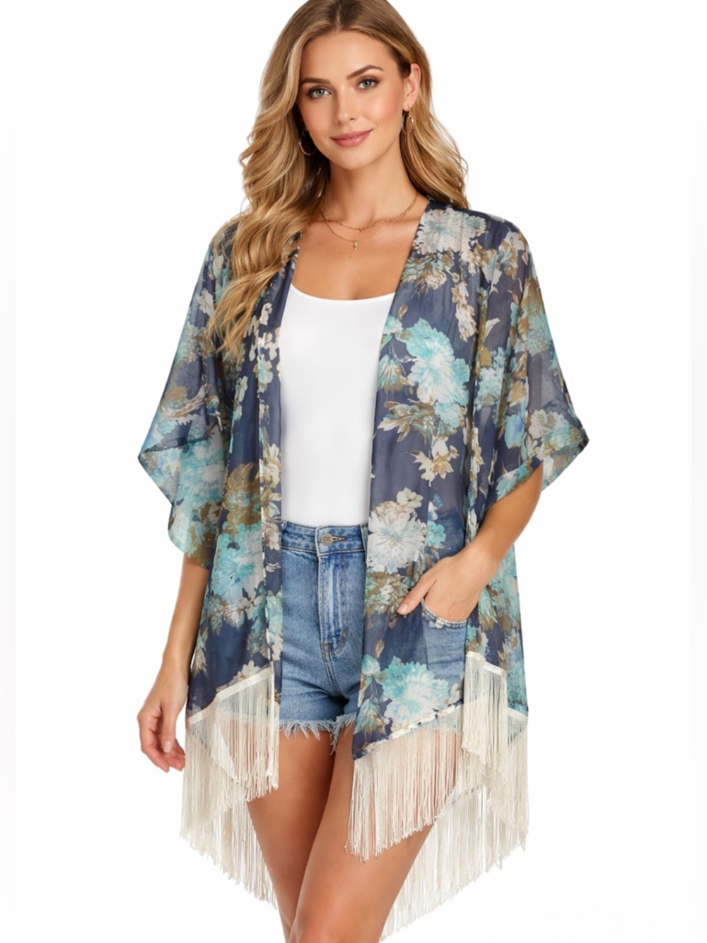 Studio Thirty-Six Floral Kimono Fringe Hem One Size Boho Cover Up O/S fits most